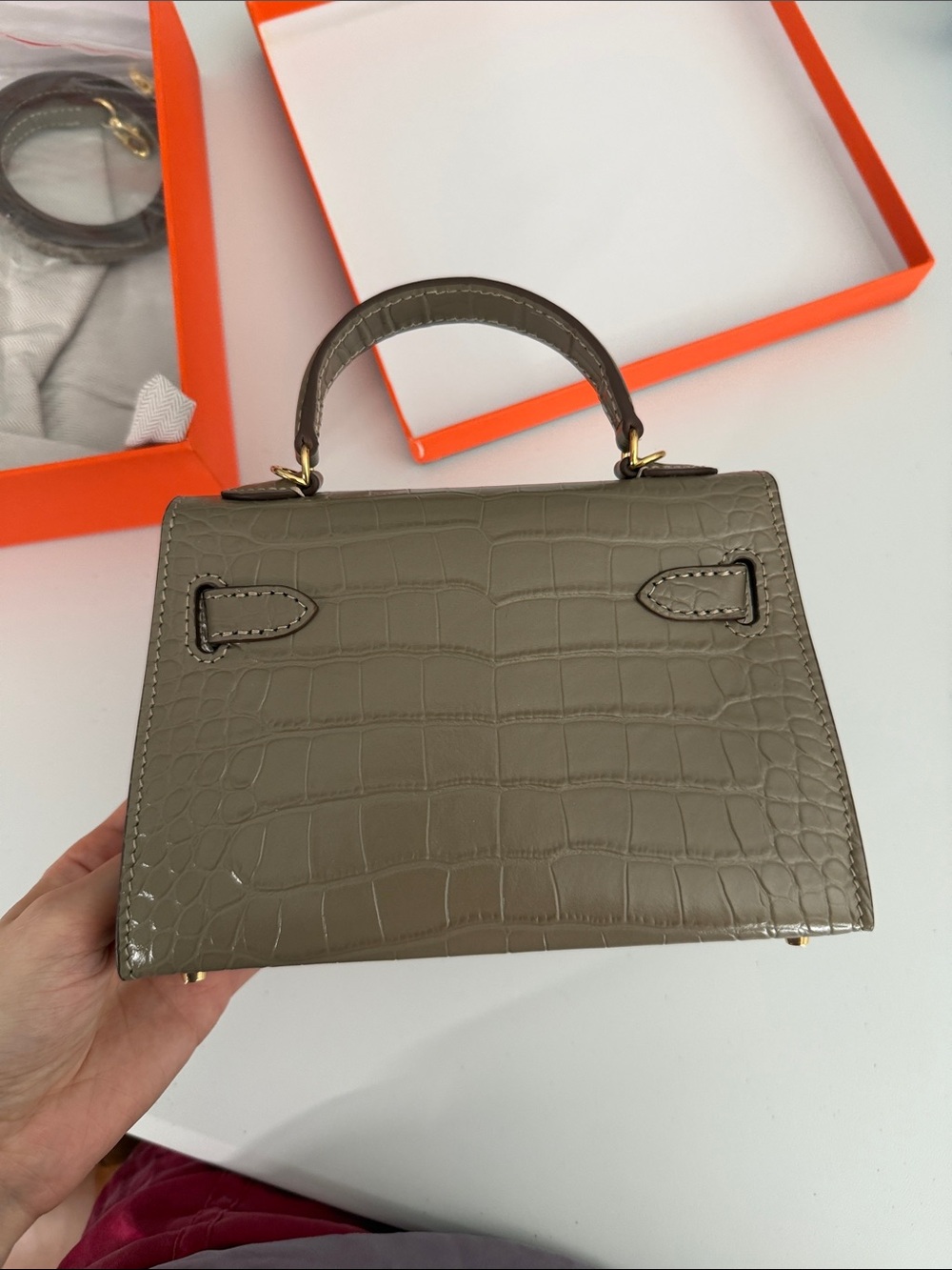 Taupe Croc-Embossed Top Handle Bag with Gold Hardware - Picture 2 of 12
